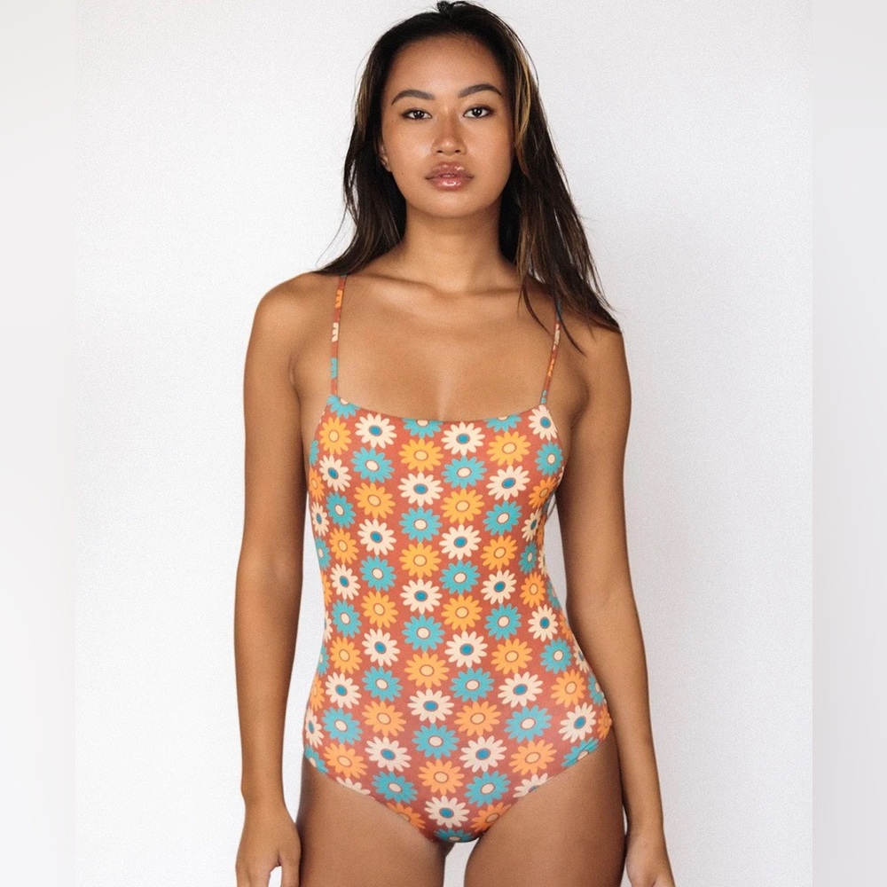 Mai Swimwear MOD BODYSUIT Stripes blue, yellow, rust & white. Size S NWOT